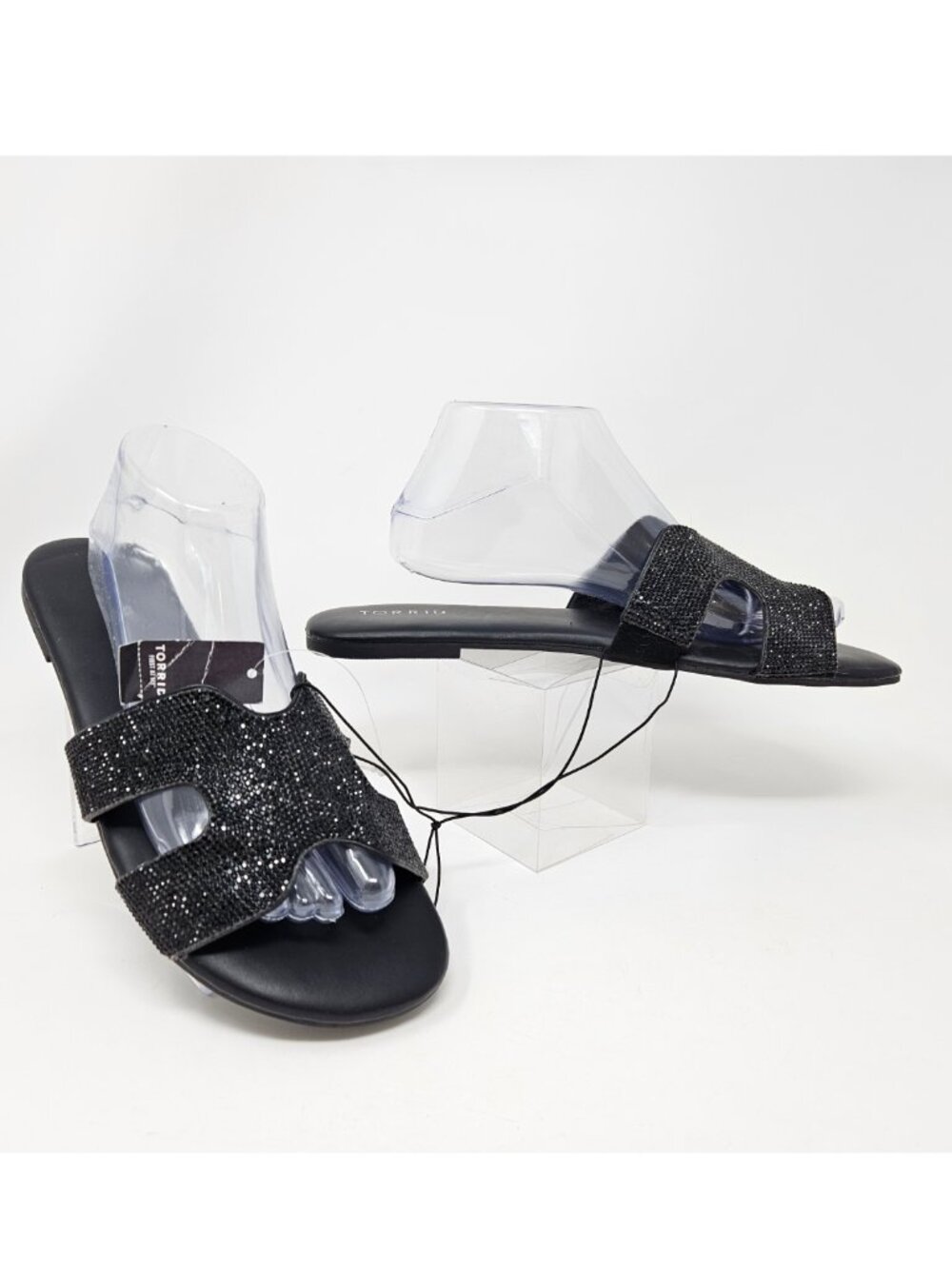 NWT Torrid Size 11 W Black Rhinestone Flat Slides Slip On Sandals Womens